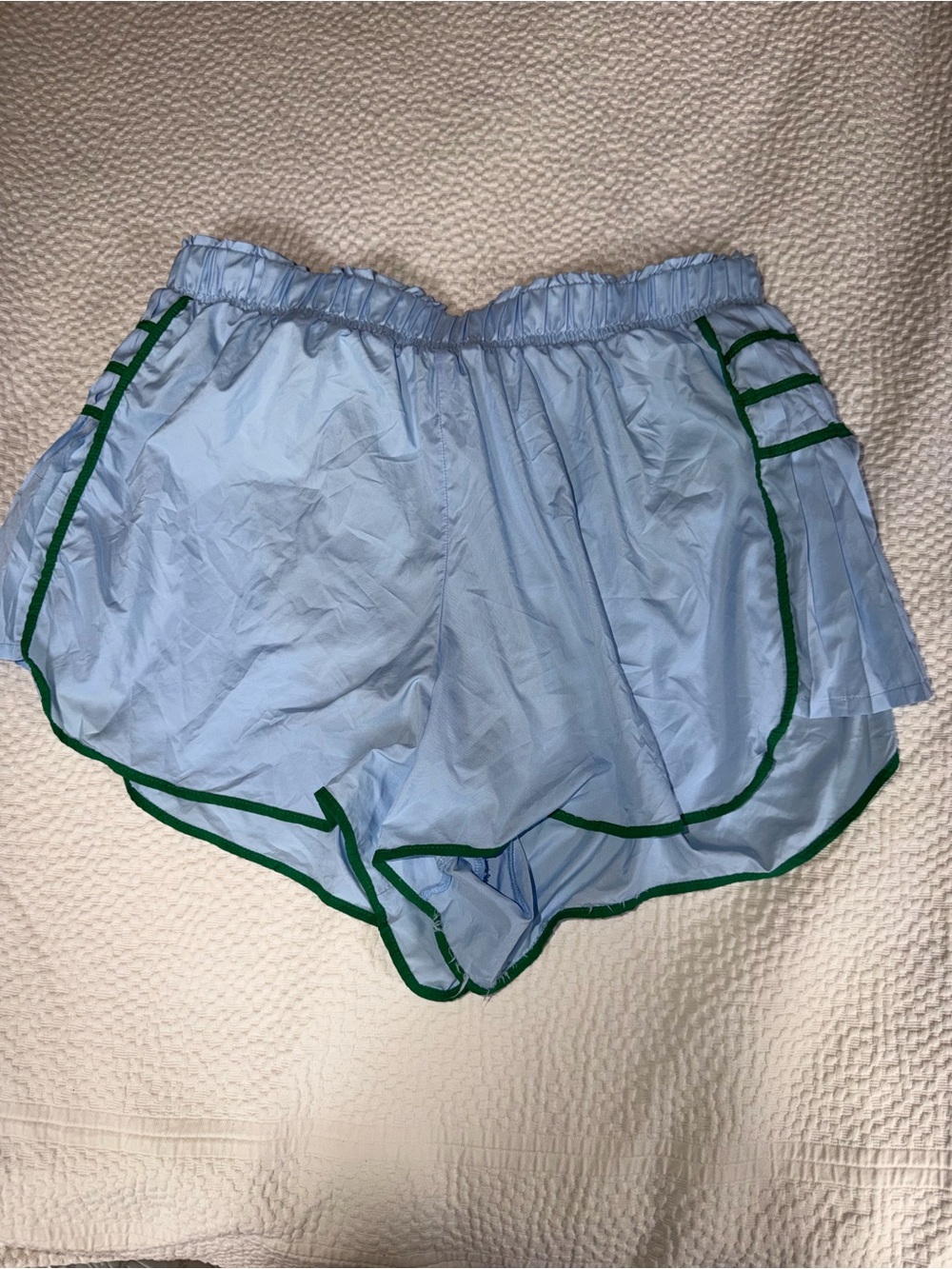 Light Blue Women's Athletic Shorts with Green Trim